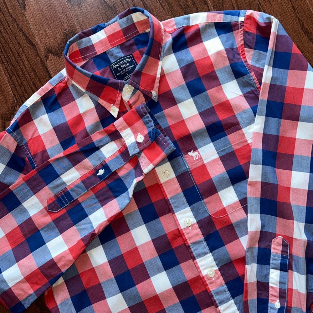 Abercrombie & Fitch Mens Large Plaid Button Down Shirt Red White Blue LS